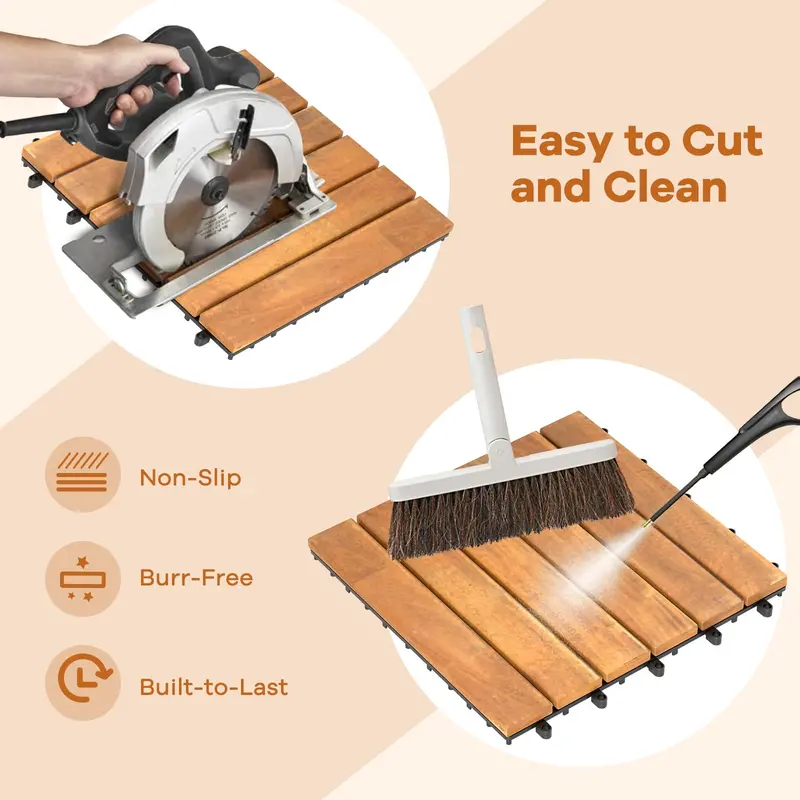 Acacia Wood Patio Tile Set — 27 Pieces of 12"×12" Stripe-Design Tiles