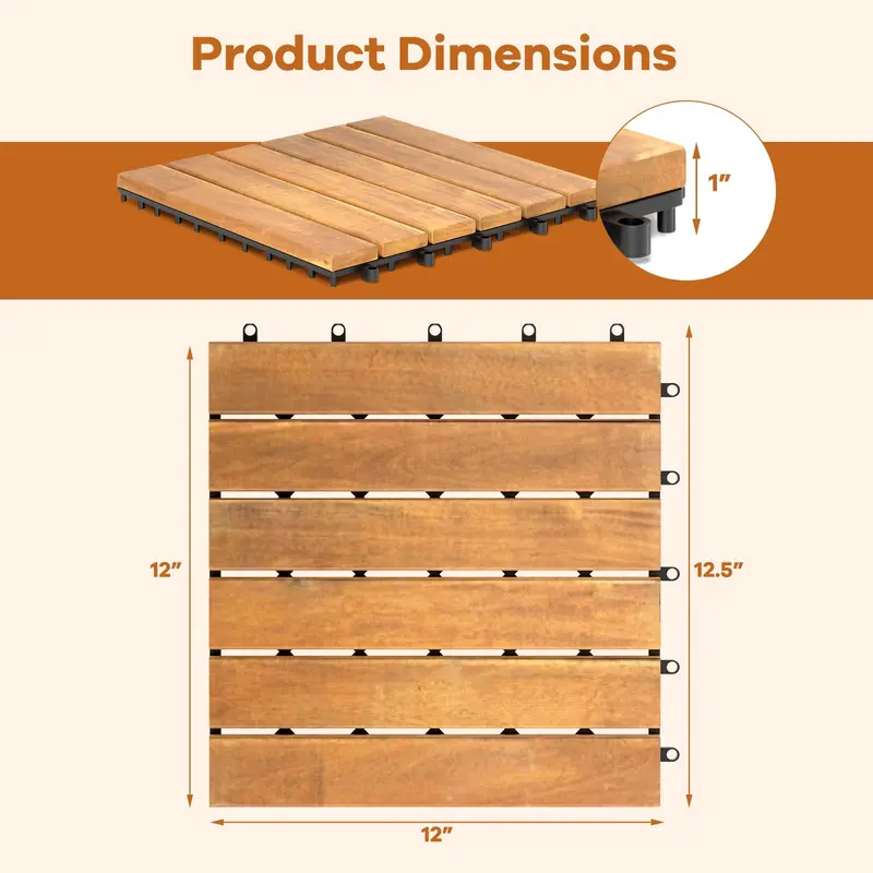 Acacia Wood Patio Tile Set — 27 Pieces of 12"×12" Stripe-Design Tiles