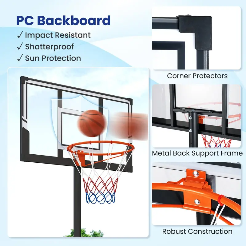 Adjustable 3.3- to 10-Foot Portable Basketball Hoop System with Shatterproof Polycarbonate Backboard