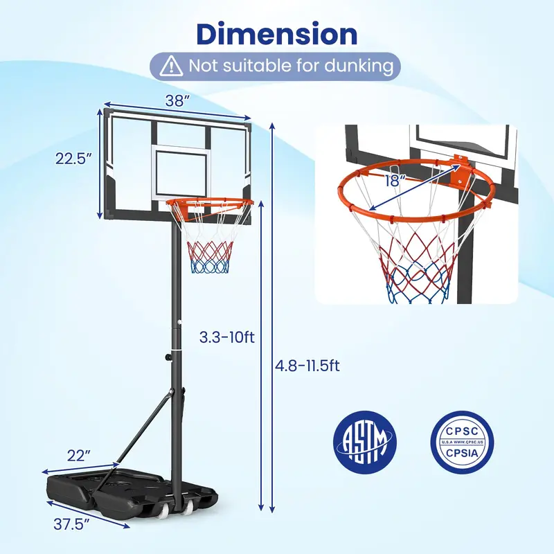 Adjustable 3.3- to 10-Foot Portable Basketball Hoop System with Shatterproof Polycarbonate Backboard