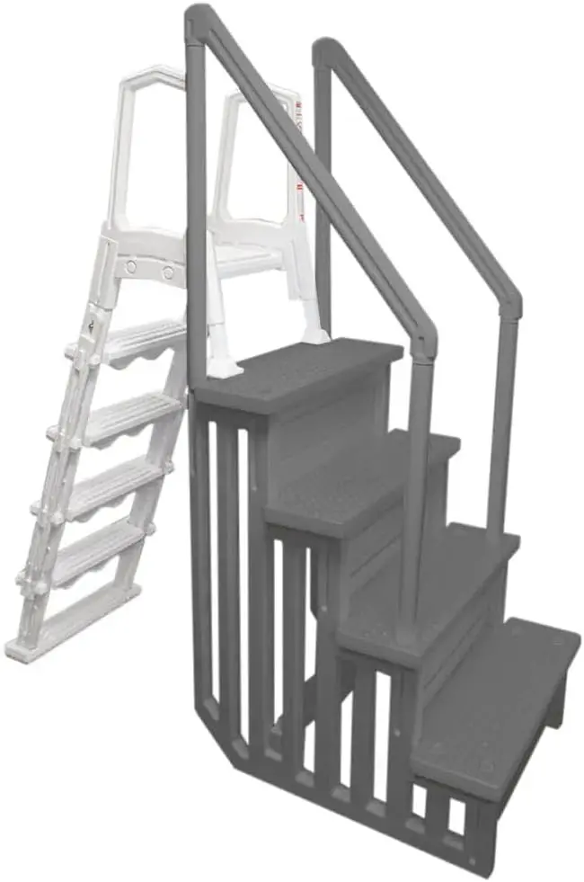 Adjustable Anti-Slip Pool Steps for Above-Ground Pools – Gray Safety Stairs Compatible with Decks 48–54 Inches High