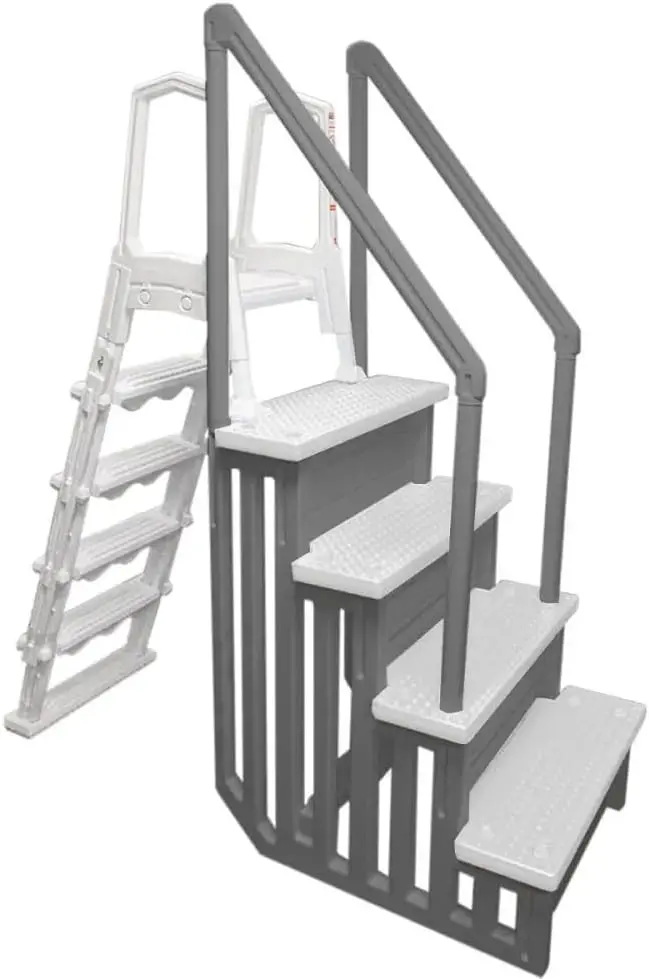 Adjustable Anti-Slip Pool Steps for Above-Ground Pools – Gray Safety Stairs Compatible with Decks 48–54 Inches High