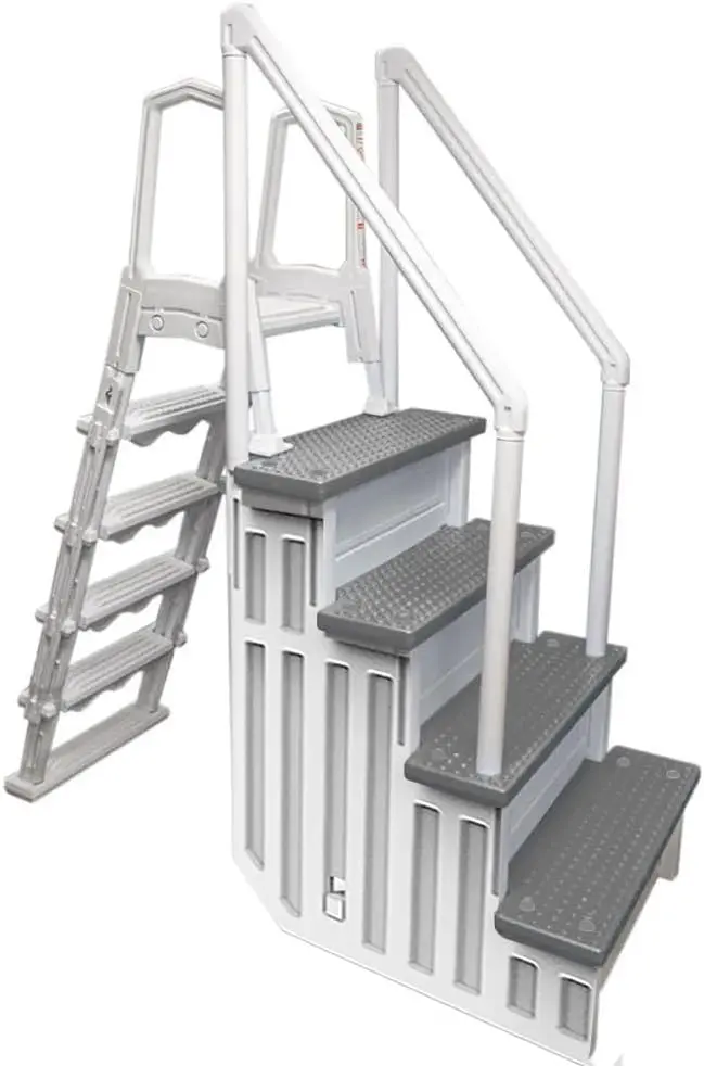 Adjustable Anti-Slip Pool Steps for Above-Ground Pools – Gray Safety Stairs Compatible with Decks 48–54 Inches High