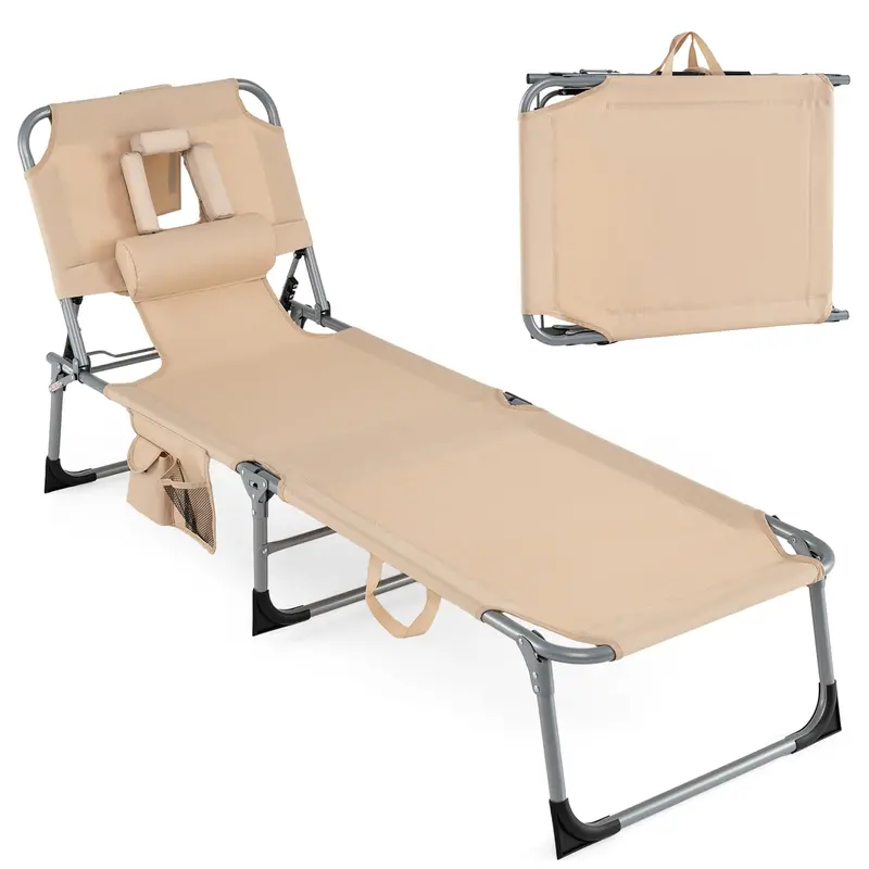 Adjustable Beach Lounge Chair – Folding Sun Lounger with 4-Position Reclining Backrest