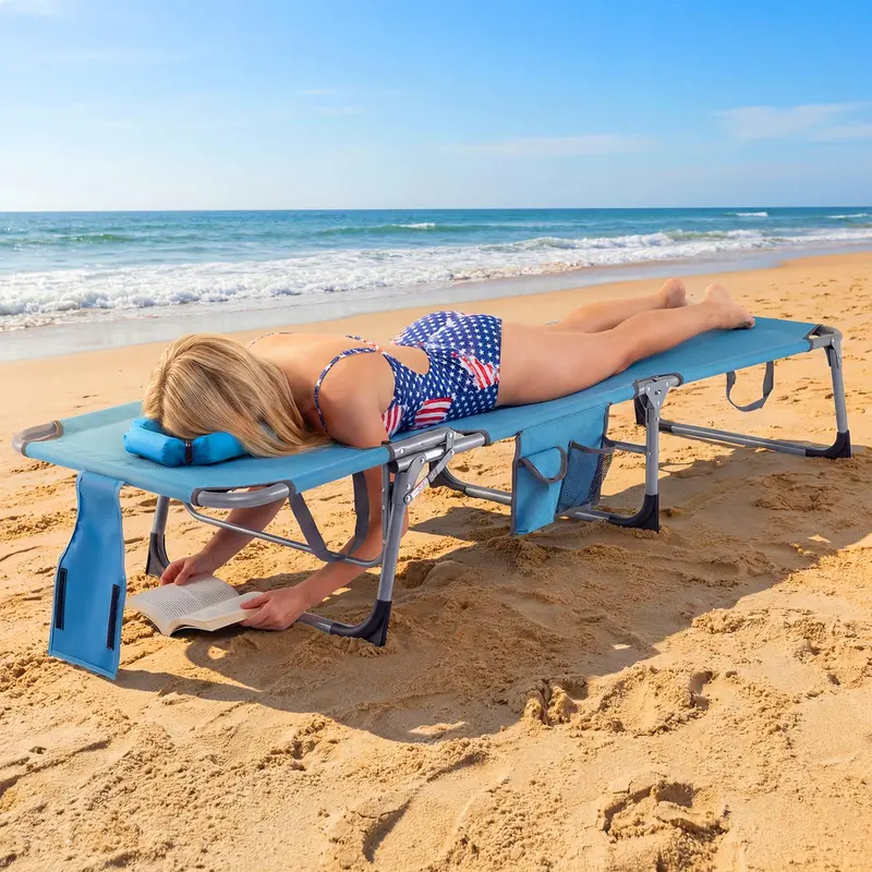 Adjustable Beach Lounge Chair – Folding Sun Lounger with 4-Position Reclining Backrest