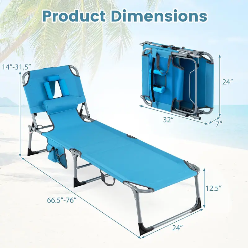 Adjustable Beach Lounge Chair – Folding Sun Lounger with 4-Position Reclining Backrest
