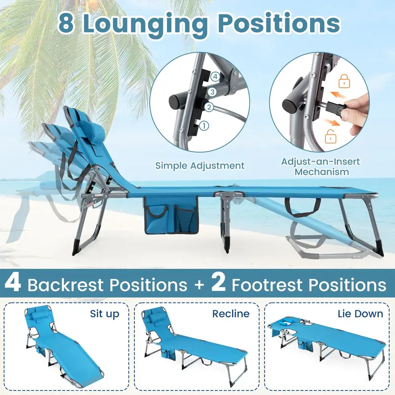 Adjustable Beach Lounge Chair – Folding Sun Lounger with 4-Position Reclining Backrest