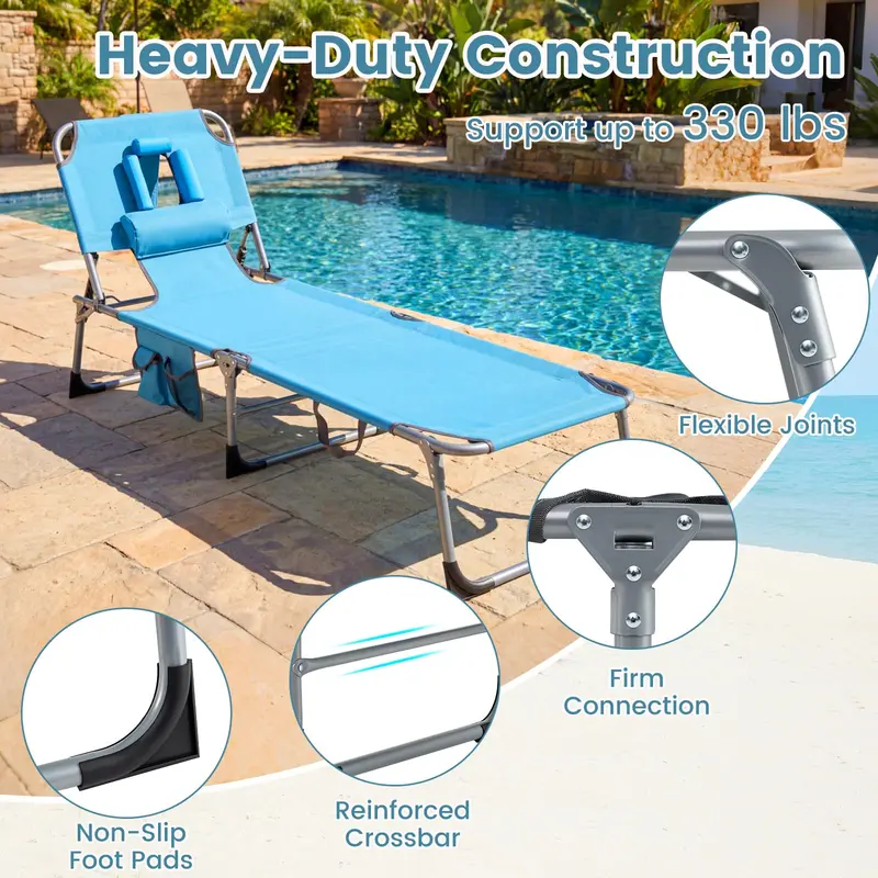 Adjustable Beach Lounge Chair – Folding Sun Lounger with 4-Position Reclining Backrest