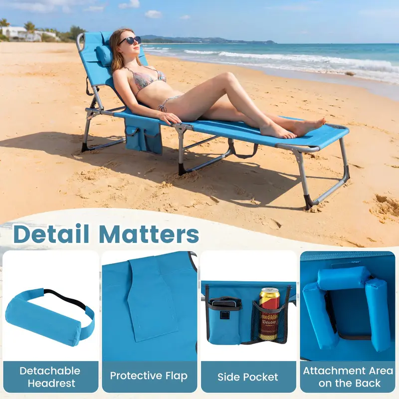 Adjustable Beach Lounge Chair – Folding Sun Lounger with 4-Position Reclining Backrest