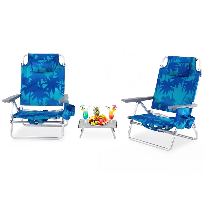 Adjustable Folding Beach Chair for Adults – 5-Position Recline, Head Pillow & Integrated Cooler Bag