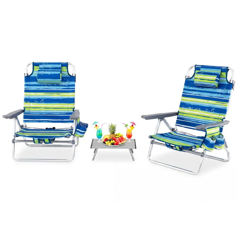 Adjustable Folding Beach Chair for Adults – 5-Position Recline, Head Pillow & Integrated Cooler Bag