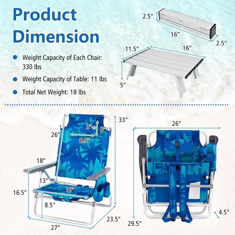 Adjustable Folding Beach Chair for Adults – 5-Position Recline, Head Pillow & Integrated Cooler Bag