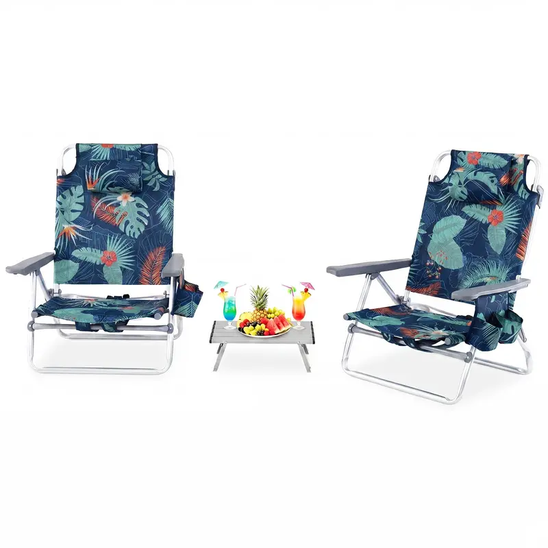Adjustable Folding Beach Chair for Adults – 5-Position Recline, Head Pillow & Integrated Cooler Bag