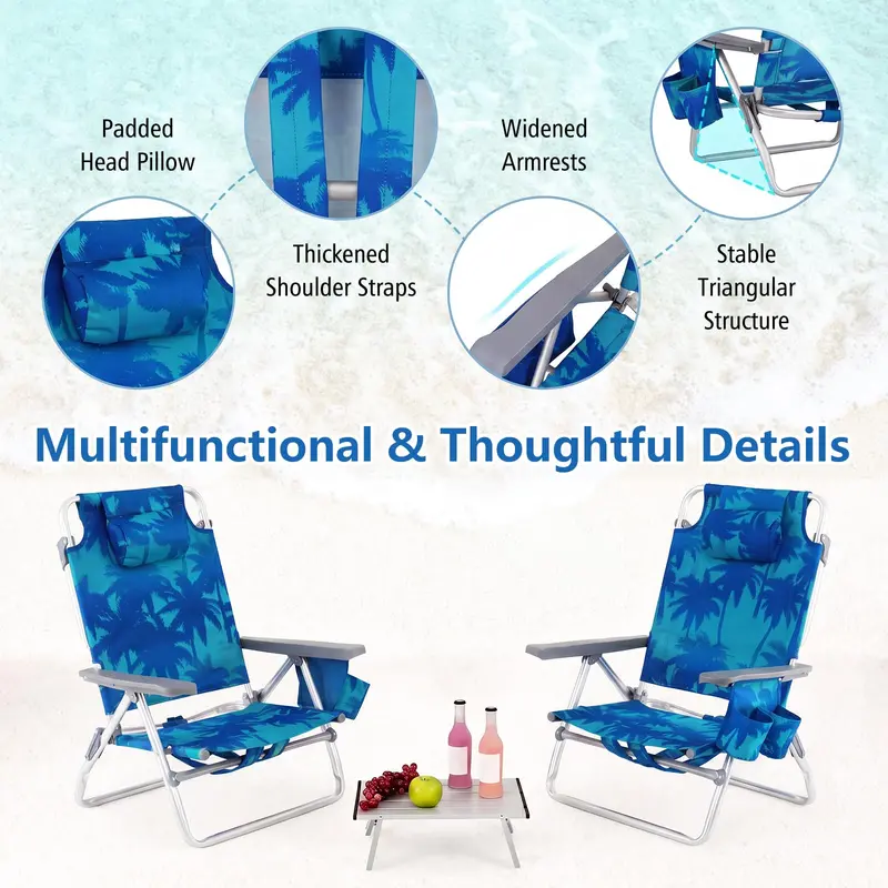 Adjustable Folding Beach Chair for Adults – 5-Position Recline, Head Pillow & Integrated Cooler Bag