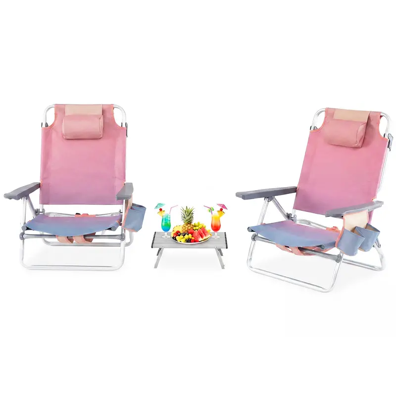 Adjustable Folding Beach Chair for Adults – 5-Position Recline, Head Pillow & Integrated Cooler Bag