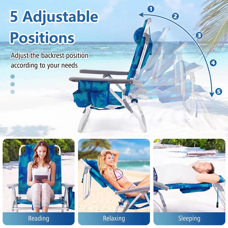 Adjustable Folding Beach Chair for Adults – 5-Position Recline, Head Pillow & Integrated Cooler Bag