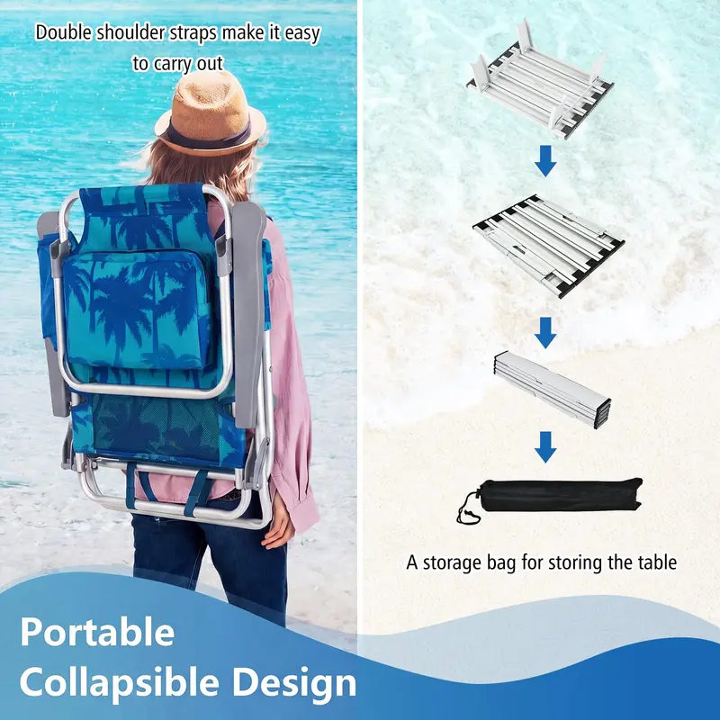Adjustable Folding Beach Chair for Adults – 5-Position Recline, Head Pillow & Integrated Cooler Bag