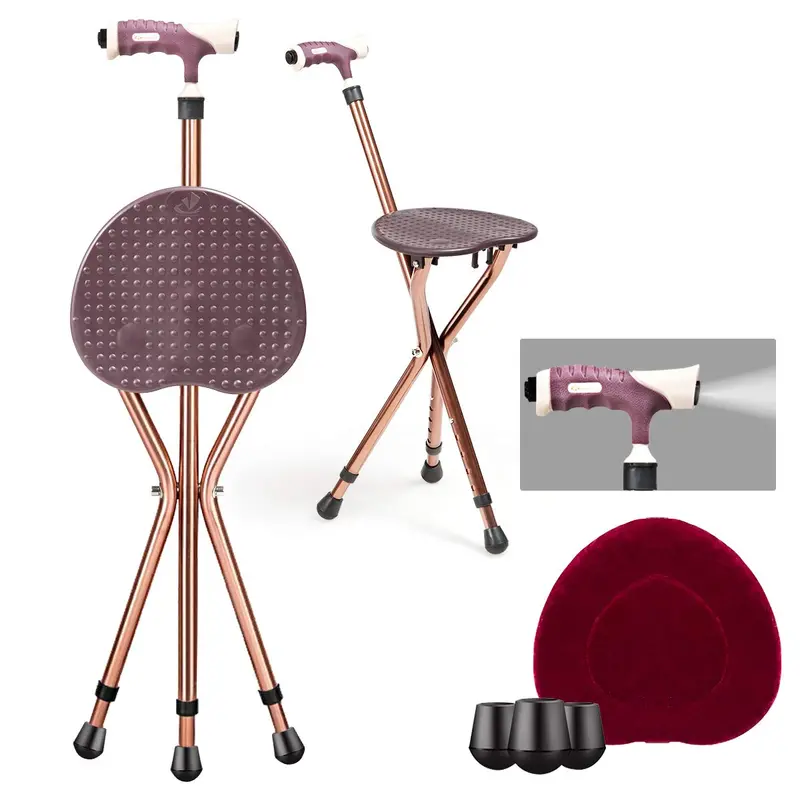Adjustable Folding Cane Seat – Aluminum Alloy Crutch Chair with LED Light and Tripod Base
