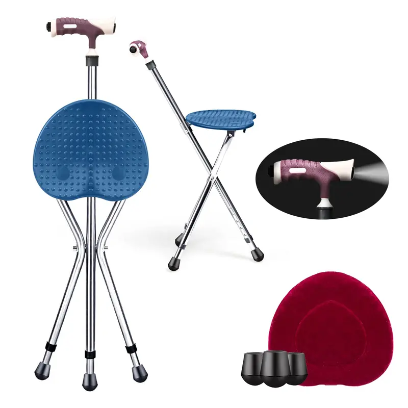 Adjustable Folding Cane Seat – Aluminum Alloy Crutch Chair with LED Light and Tripod Base