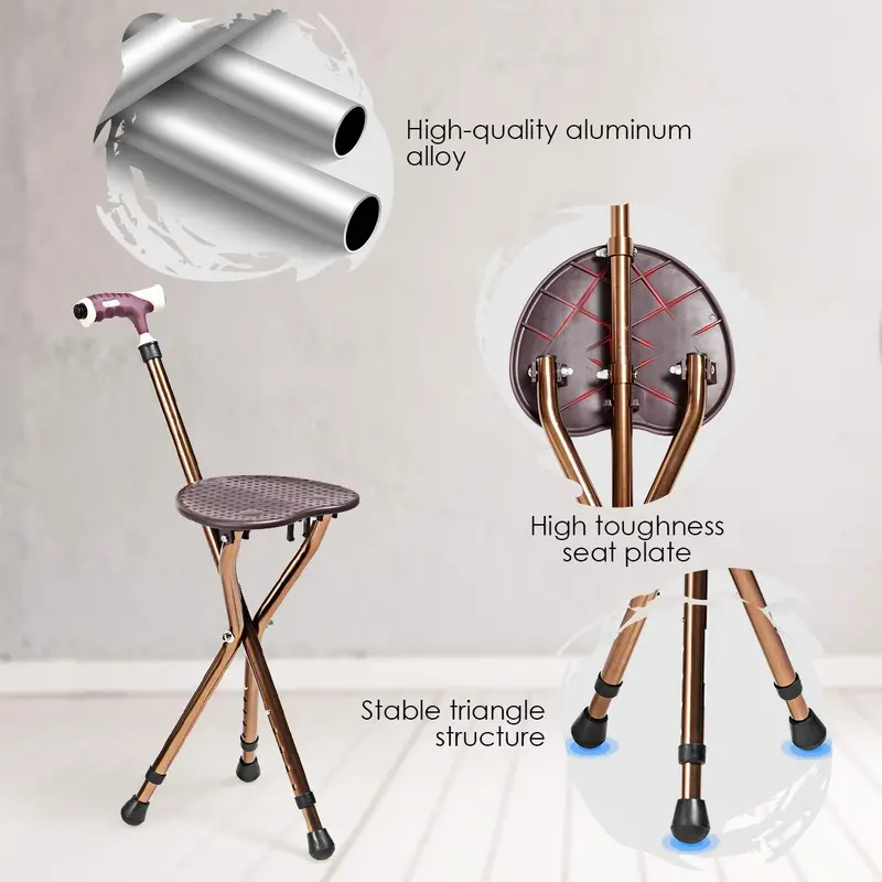 Adjustable Folding Cane Seat – Aluminum Alloy Crutch Chair with LED Light and Tripod Base