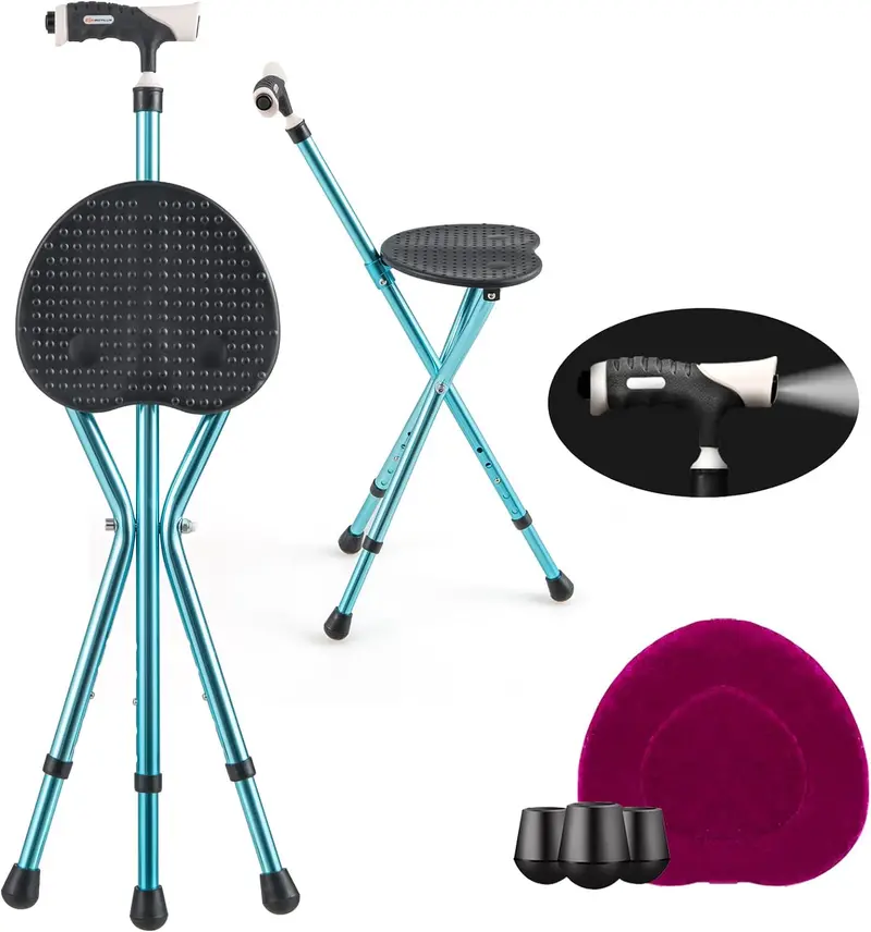Adjustable Folding Cane Seat – Aluminum Alloy Crutch Chair with LED Light and Tripod Base