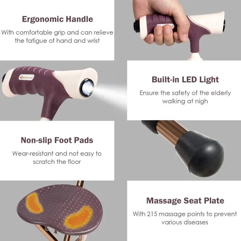 Adjustable Folding Cane Seat – Aluminum Alloy Crutch Chair with LED Light and Tripod Base