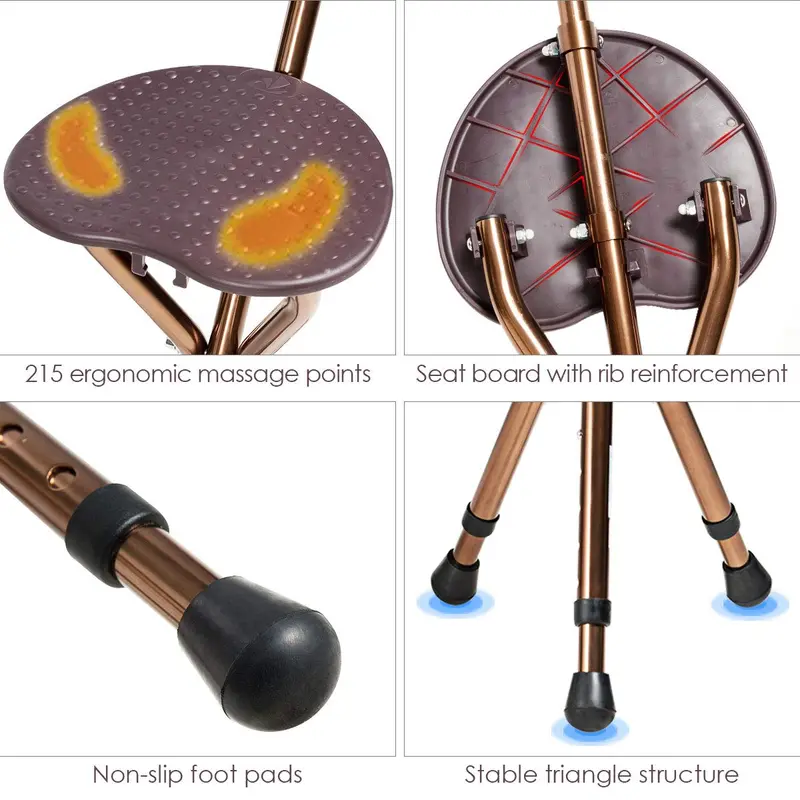 Adjustable Folding Cane Seat – Aluminum Alloy Crutch Chair with LED Light and Tripod Base