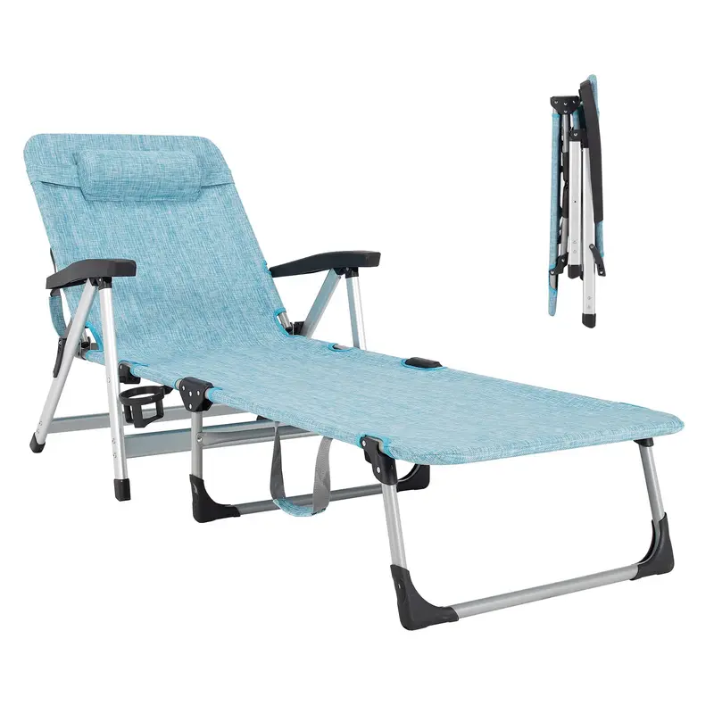 Adjustable Folding Chaise Lounge Chair for Outdoor Use – Includes Cup Holder and Removable Headrest