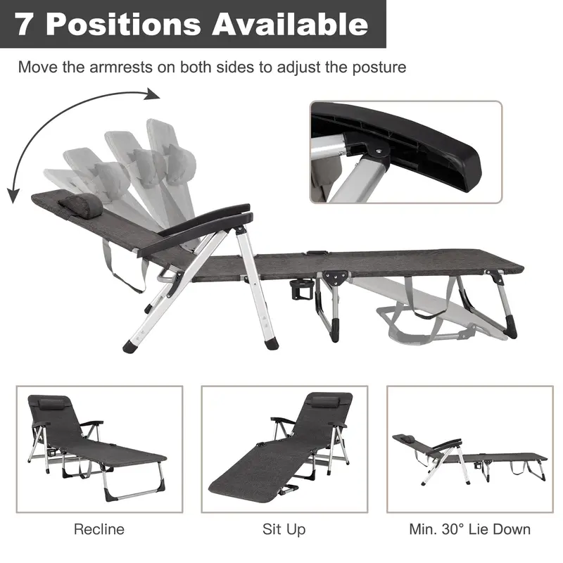 Adjustable Folding Chaise Lounge Chair for Outdoor Use – Includes Cup Holder and Removable Headrest