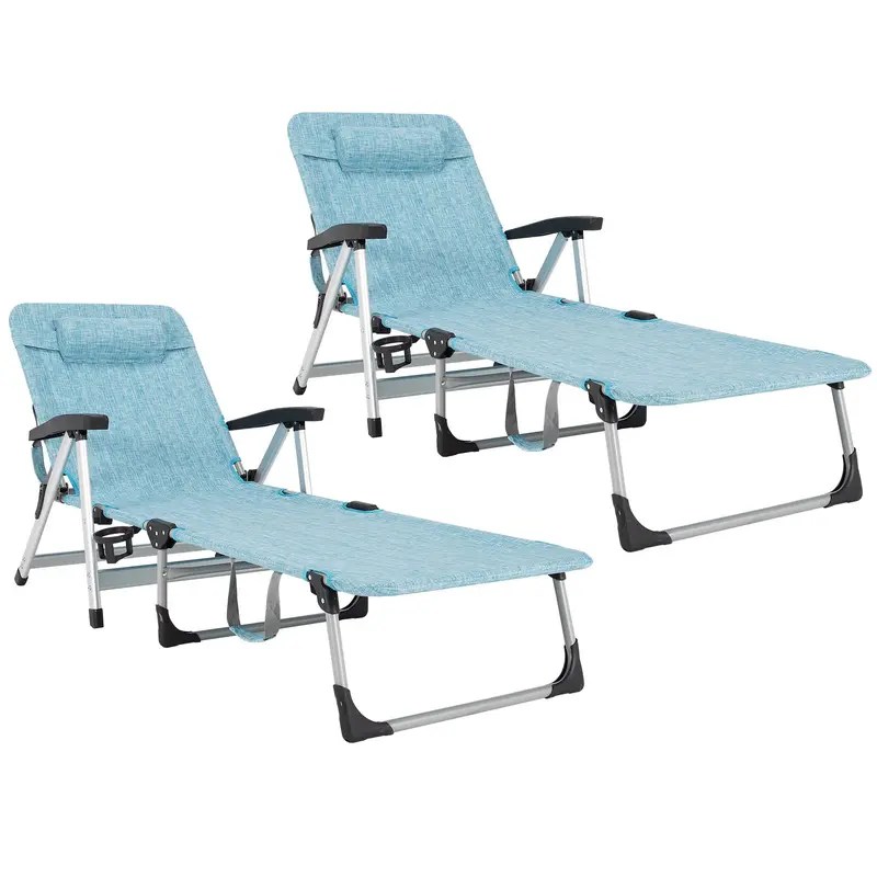 Adjustable Folding Chaise Lounge Chair for Outdoor Use – Includes Cup Holder and Removable Headrest