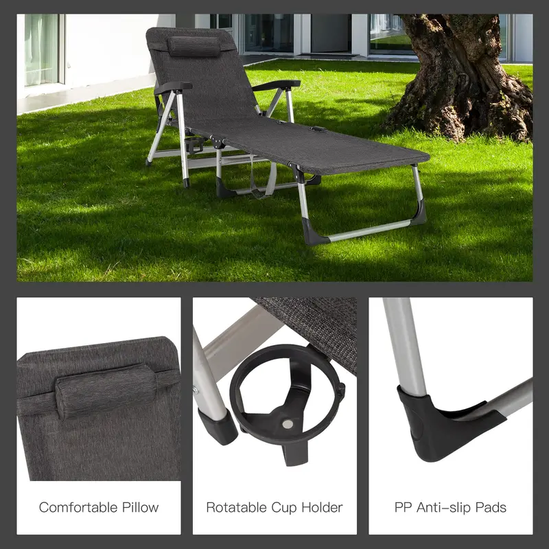 Adjustable Folding Chaise Lounge Chair for Outdoor Use – Includes Cup Holder and Removable Headrest