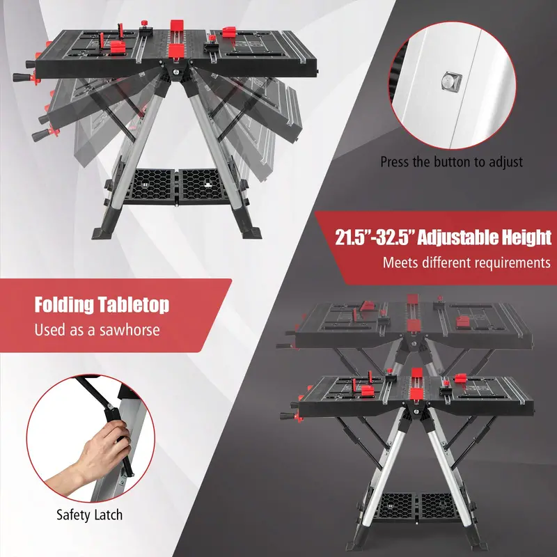 Adjustable Folding Workbench with Sawhorse Function – 440 LB Load Capacity