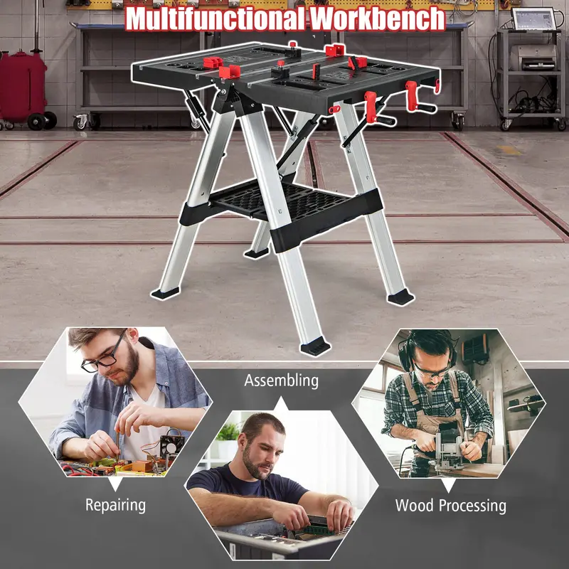 Adjustable Folding Workbench with Sawhorse Function – 440 LB Load Capacity