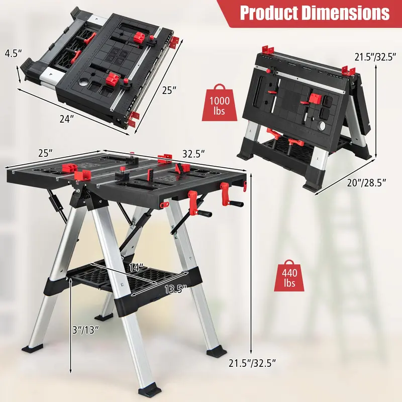 Adjustable Folding Workbench with Sawhorse Function – 440 LB Load Capacity