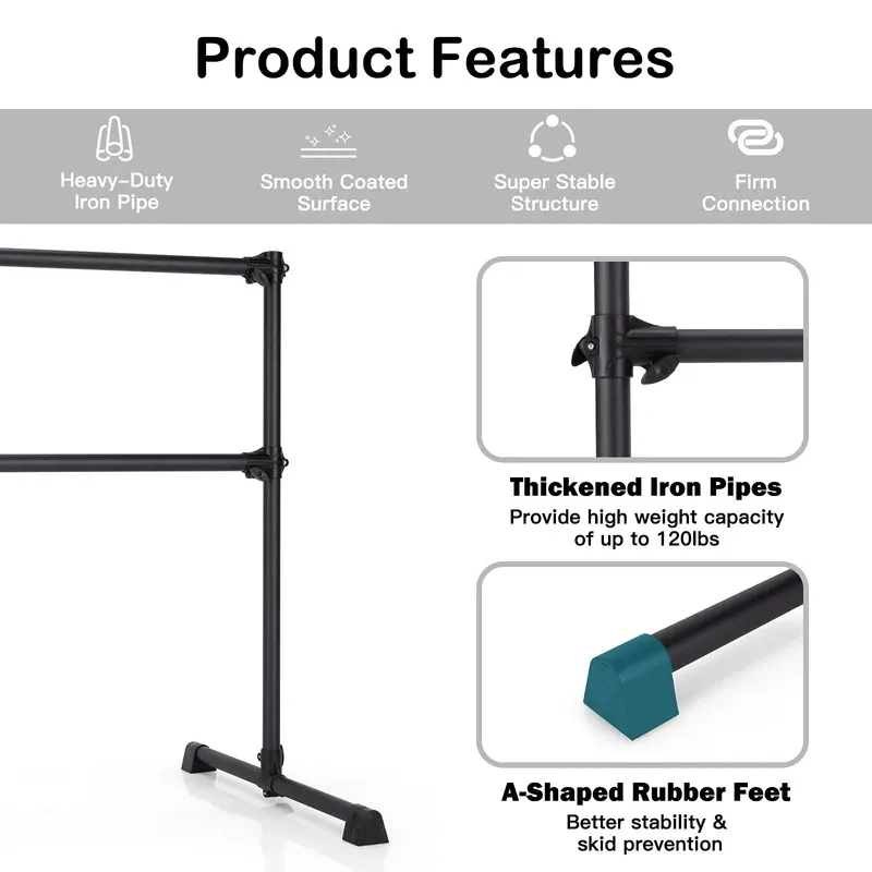 Adjustable Freestanding Double Ballet Barre with Height Range from 7 to 46 Inches