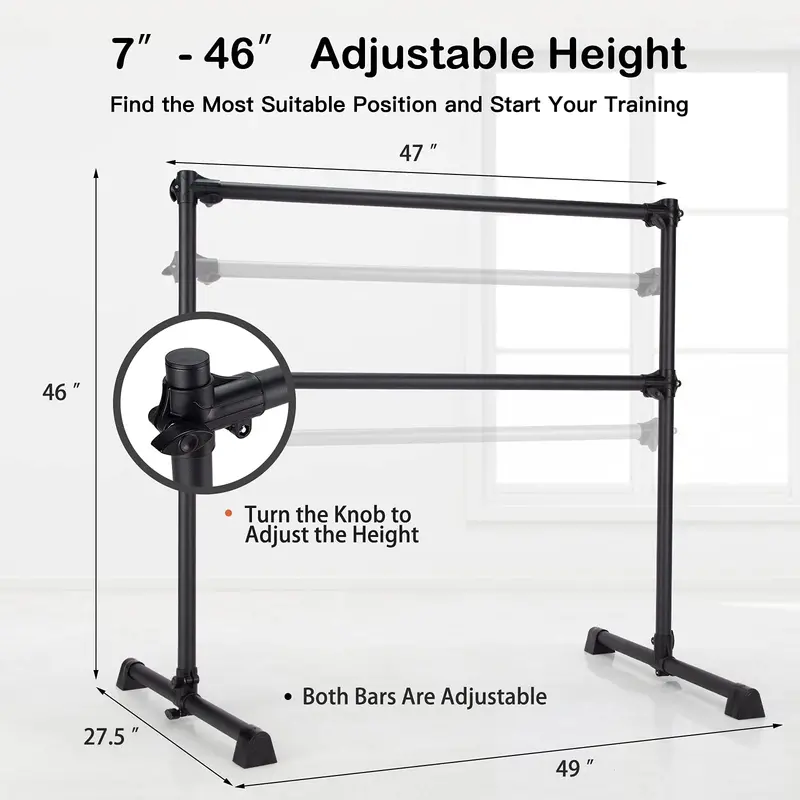 Adjustable Freestanding Double Ballet Barre with Height Range from 7 to 46 Inches