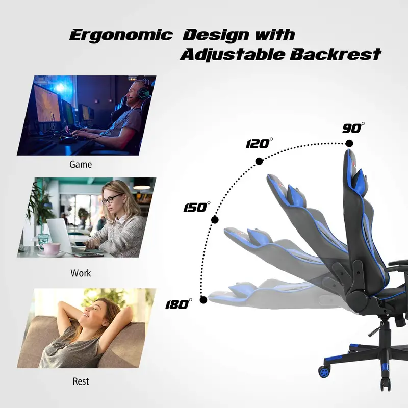 Adjustable Massage Gaming Chair – Reclining Backrest, Height-Adjustable Seat & Armrests