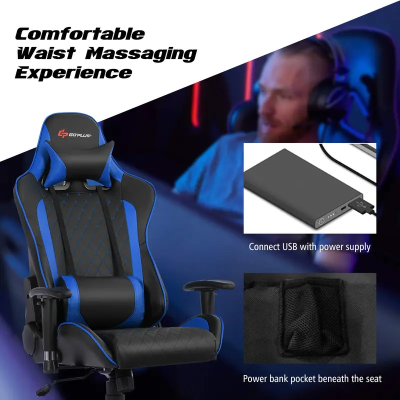 Adjustable Massage Gaming Chair – Reclining Backrest, Height-Adjustable Seat & Armrests
