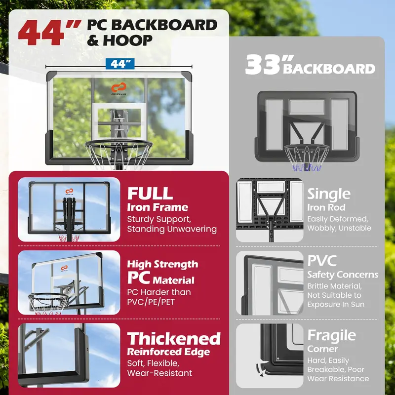 Adjustable Outdoor Basketball Hoop — Height-Variable System (4.9–10 ft) with 44-Inch Polycarbonate Backboard