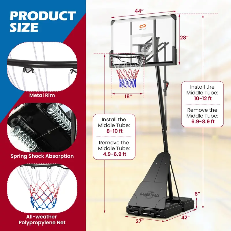 Adjustable Outdoor Basketball Hoop — Height-Variable System (4.9–10 ft) with 44-Inch Polycarbonate Backboard