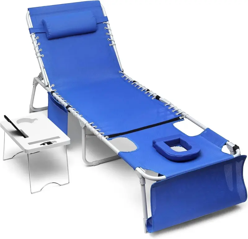 Adjustable Outdoor Sun Lounger with Face Opening, 5-Position Reclining Backrest, Foldable Side Table, and Detachable Pillow – Blue, 330 lb Capacity