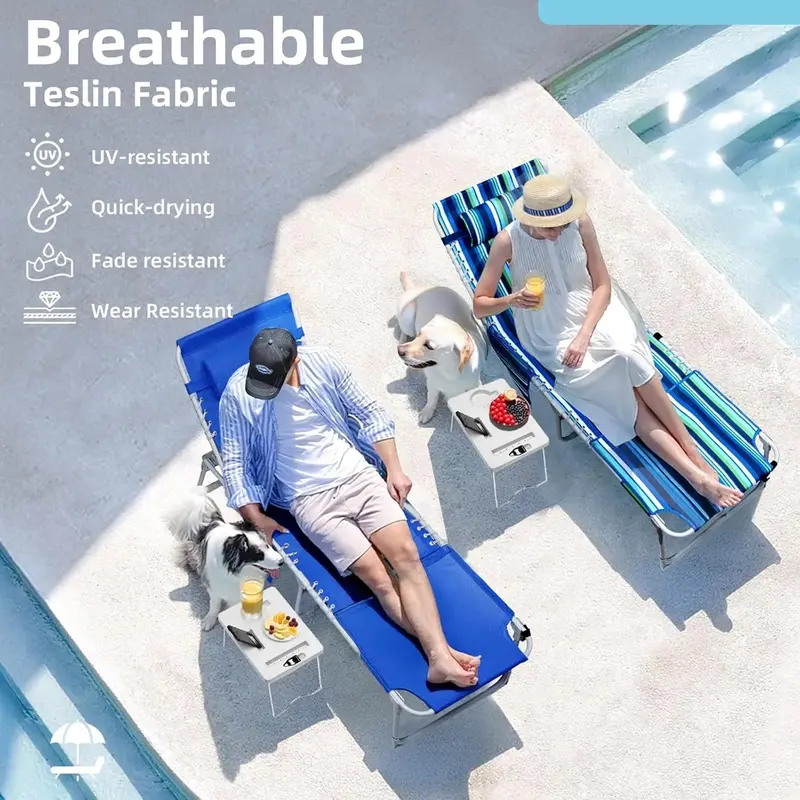 Adjustable Outdoor Sun Lounger with Face Opening, 5-Position Reclining Backrest, Foldable Side Table, and Detachable Pillow – Blue, 330 lb Capacity