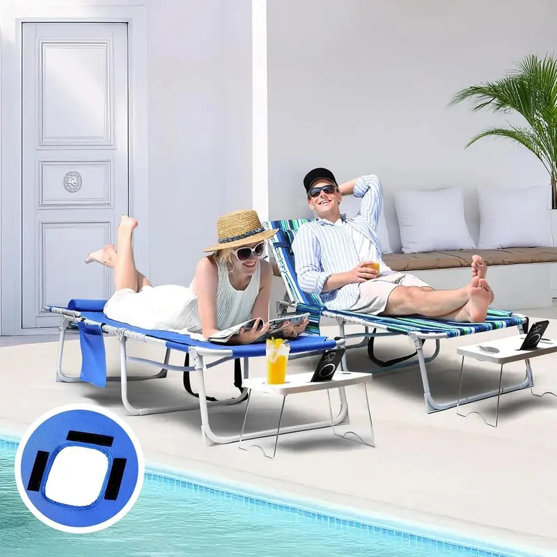 Adjustable Outdoor Sun Lounger with Face Opening, 5-Position Reclining Backrest, Foldable Side Table, and Detachable Pillow – Blue, 330 lb Capacity