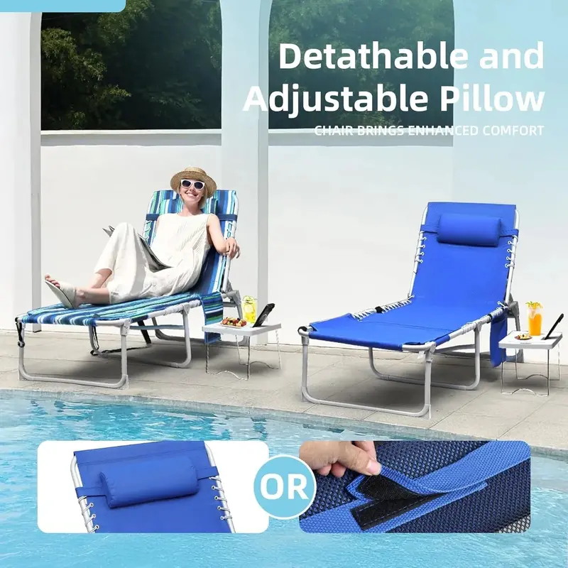Adjustable Outdoor Sun Lounger with Face Opening, 5-Position Reclining Backrest, Foldable Side Table, and Detachable Pillow – Blue, 330 lb Capacity