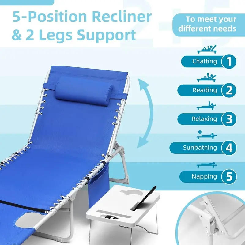Adjustable Outdoor Sun Lounger with Face Opening, 5-Position Reclining Backrest, Foldable Side Table, and Detachable Pillow – Blue, 330 lb Capacity