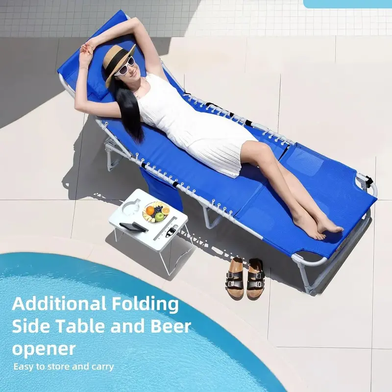 Adjustable Outdoor Sun Lounger with Face Opening, 5-Position Reclining Backrest, Foldable Side Table, and Detachable Pillow – Blue, 330 lb Capacity