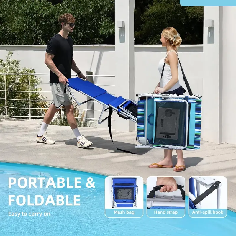 Adjustable Outdoor Sun Lounger with Face Opening, 5-Position Reclining Backrest, Foldable Side Table, and Detachable Pillow – Blue, 330 lb Capacity