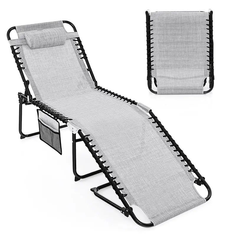 Adjustable Patio Chaise Lounge – Folding Recliner Chair with 4-Position Backrest, Side Pocket & Removable Headrest