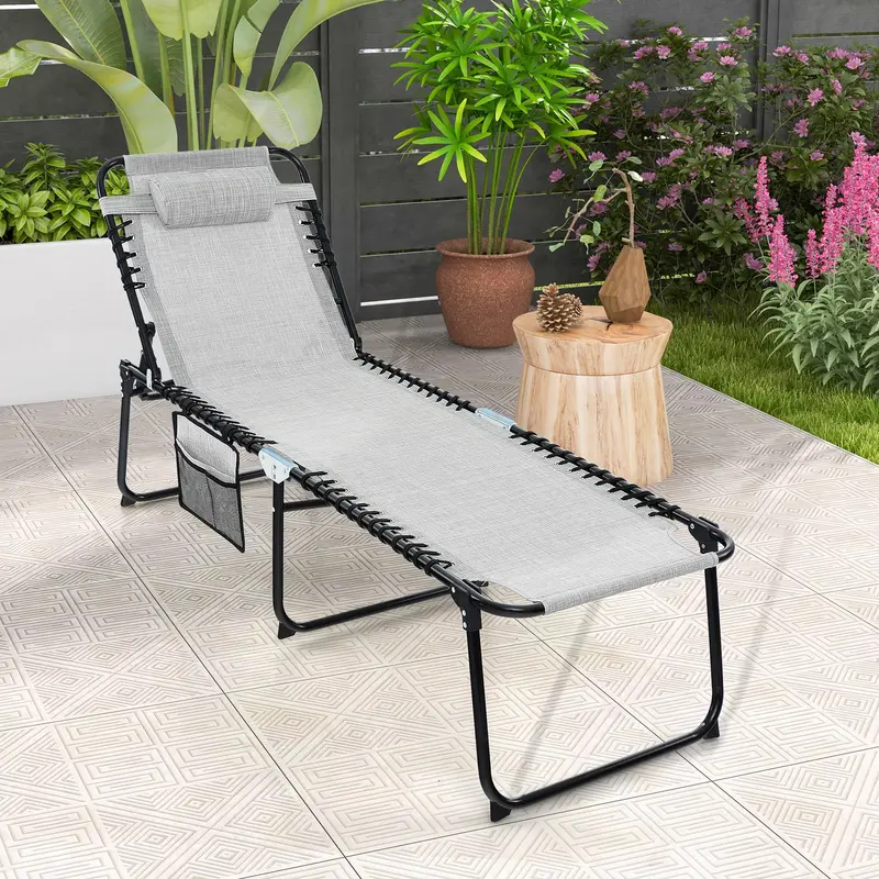 Adjustable Patio Chaise Lounge – Folding Recliner Chair with 4-Position Backrest, Side Pocket & Removable Headrest 2