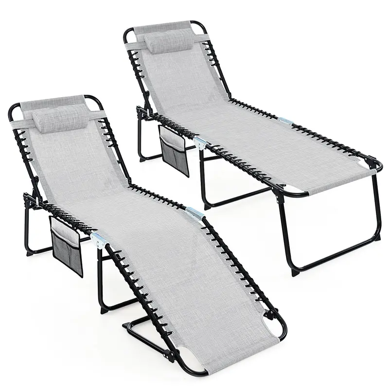 Adjustable Patio Chaise Lounge – Folding Recliner Chair with 4-Position Backrest, Side Pocket & Removable Headrest